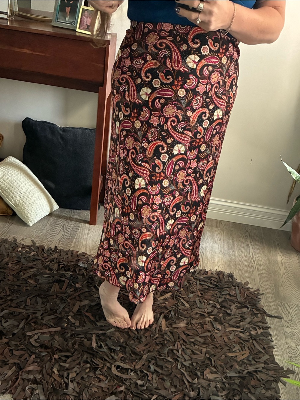 LOFT Black Paisley Maxi Skirt with Red and Gold Motifs